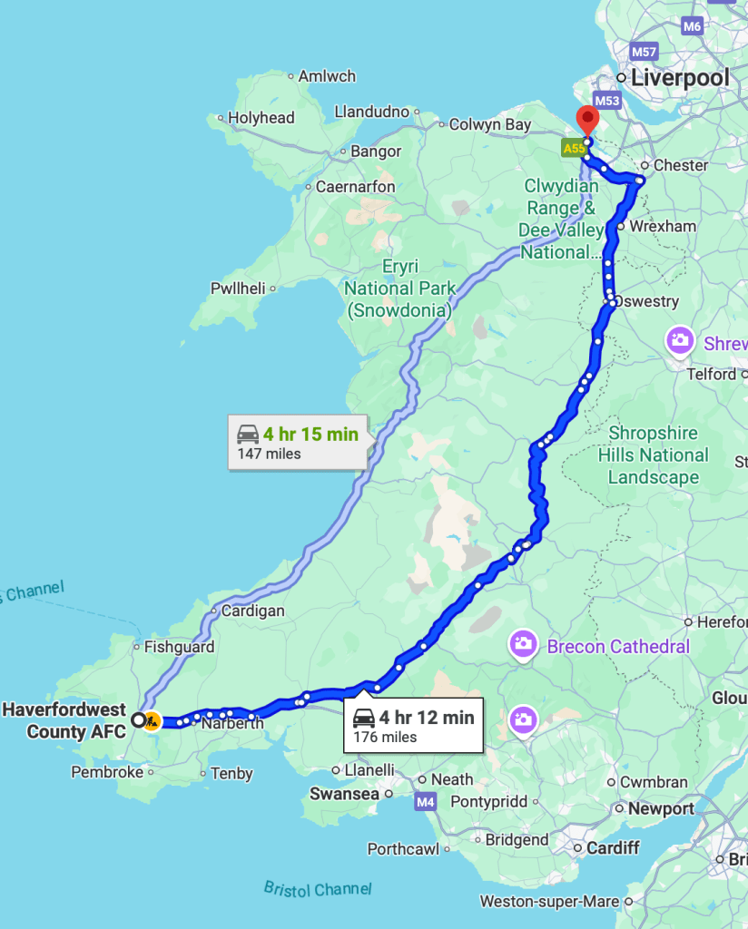 Map of Flint Town FC to Haverfordwest FC, longest distance in JD Welsh Prem next season. - From Google Maps